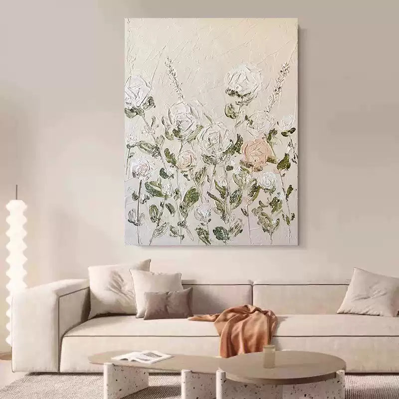 Floral White Cream Oil Painting Canvas Wall Art Living Room