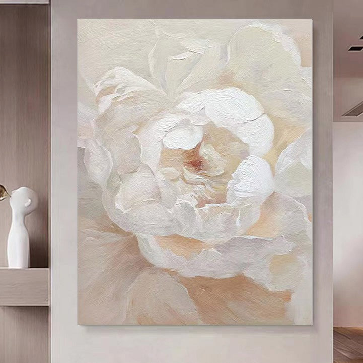 Floral White Cream Oil Painting Canvas Wall Art Living Room