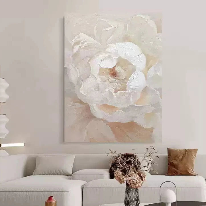 Floral White Cream Oil Painting Canvas Wall Art Living Room