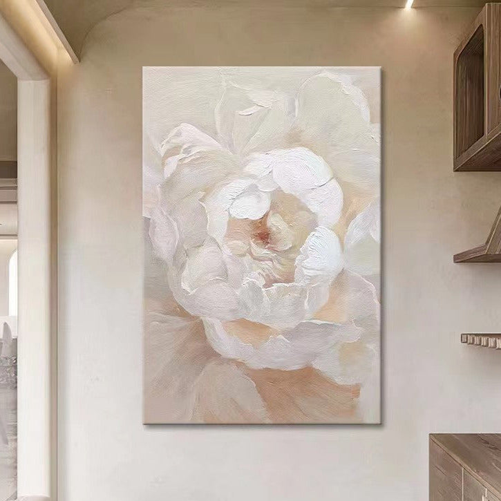 Floral White Cream Oil Painting Canvas Wall Art Living Room