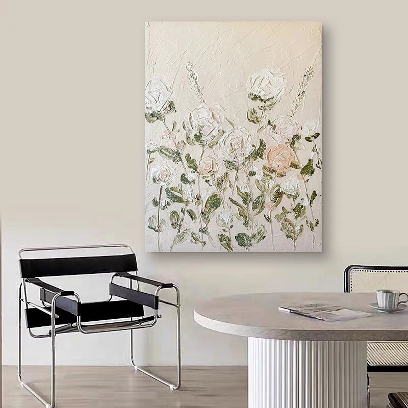 Floral White Cream Oil Painting Canvas Wall Art Living Room