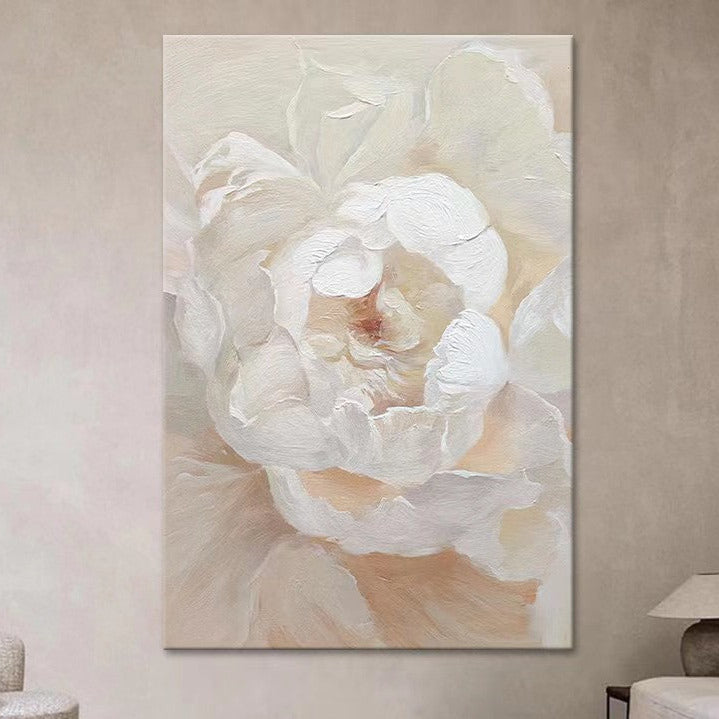Floral White Cream Oil Painting Canvas Wall Art Living Room