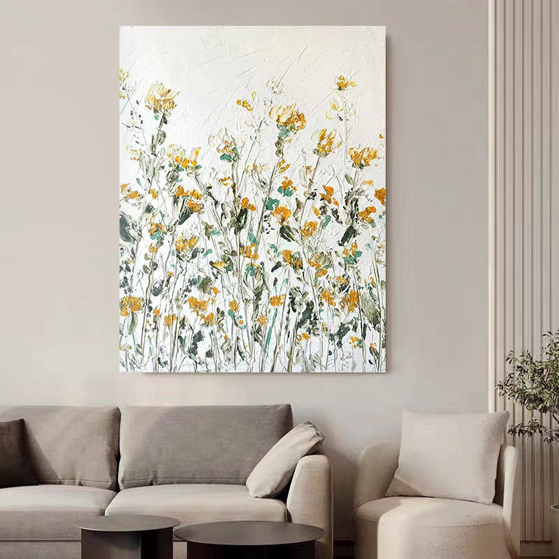 Floral White Yellow Oil Painting Canvas Wall Art Living Room