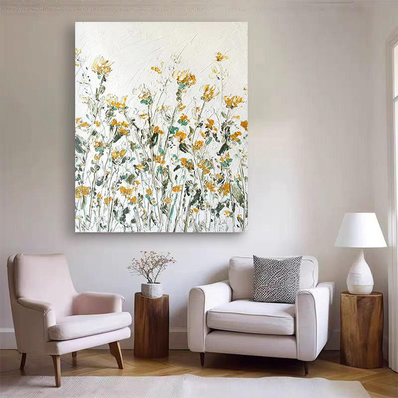 Floral White Yellow Oil Painting Canvas Wall Art Living Room