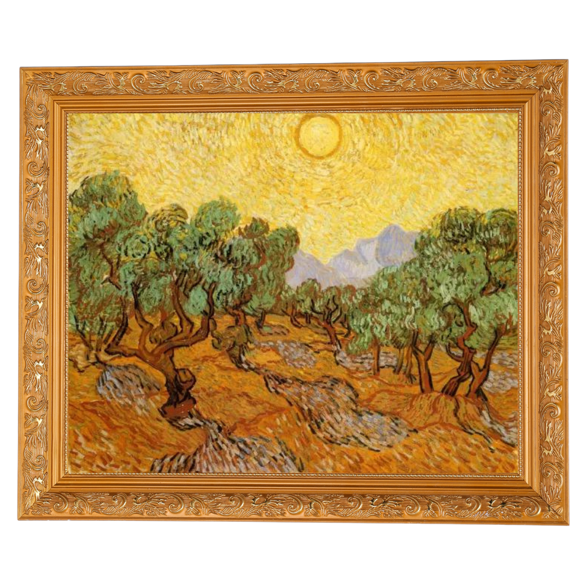 Olive Trees with Yellow Sky and Sun