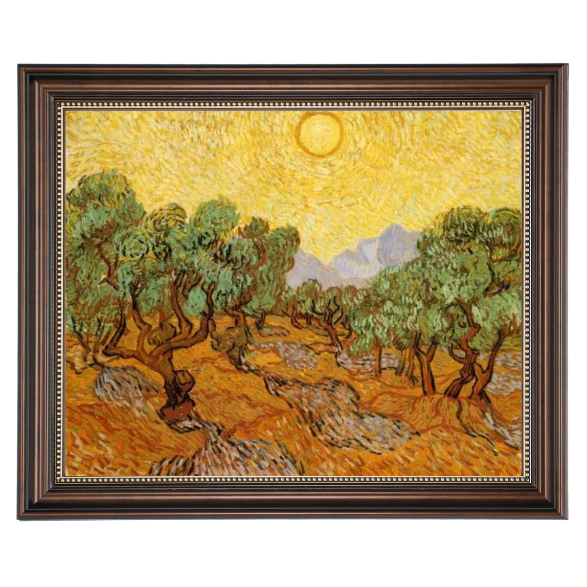 Olive Trees with Yellow Sky and Sun