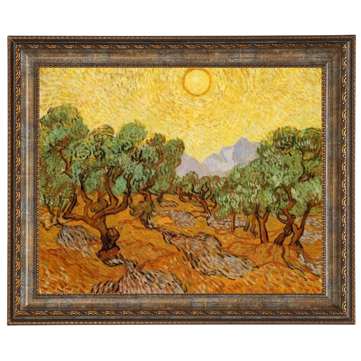Olive Trees with Yellow Sky and Sun