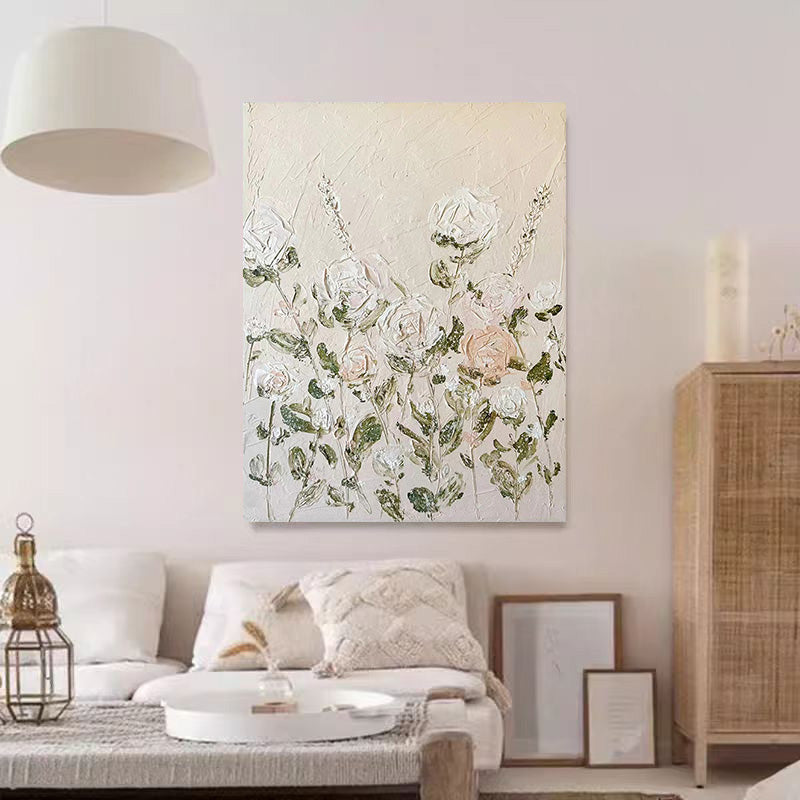 Floral White Cream Oil Painting Canvas Wall Art Living Room