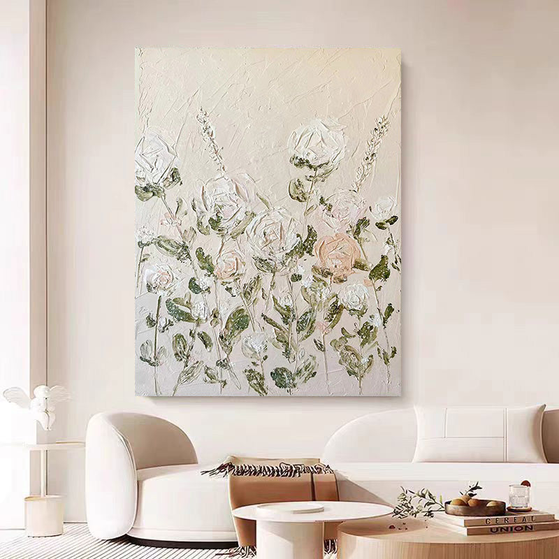 Floral White Cream Oil Painting Canvas Wall Art Living Room