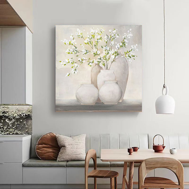 Floral Green White Oil Painting Canvas Wall Art Living Room Hallway
