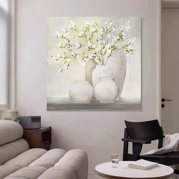 Floral Green White Oil Painting Canvas Wall Art Living Room Hallway