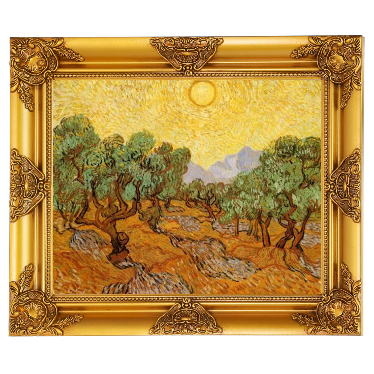 Olive Trees with Yellow Sky and Sun