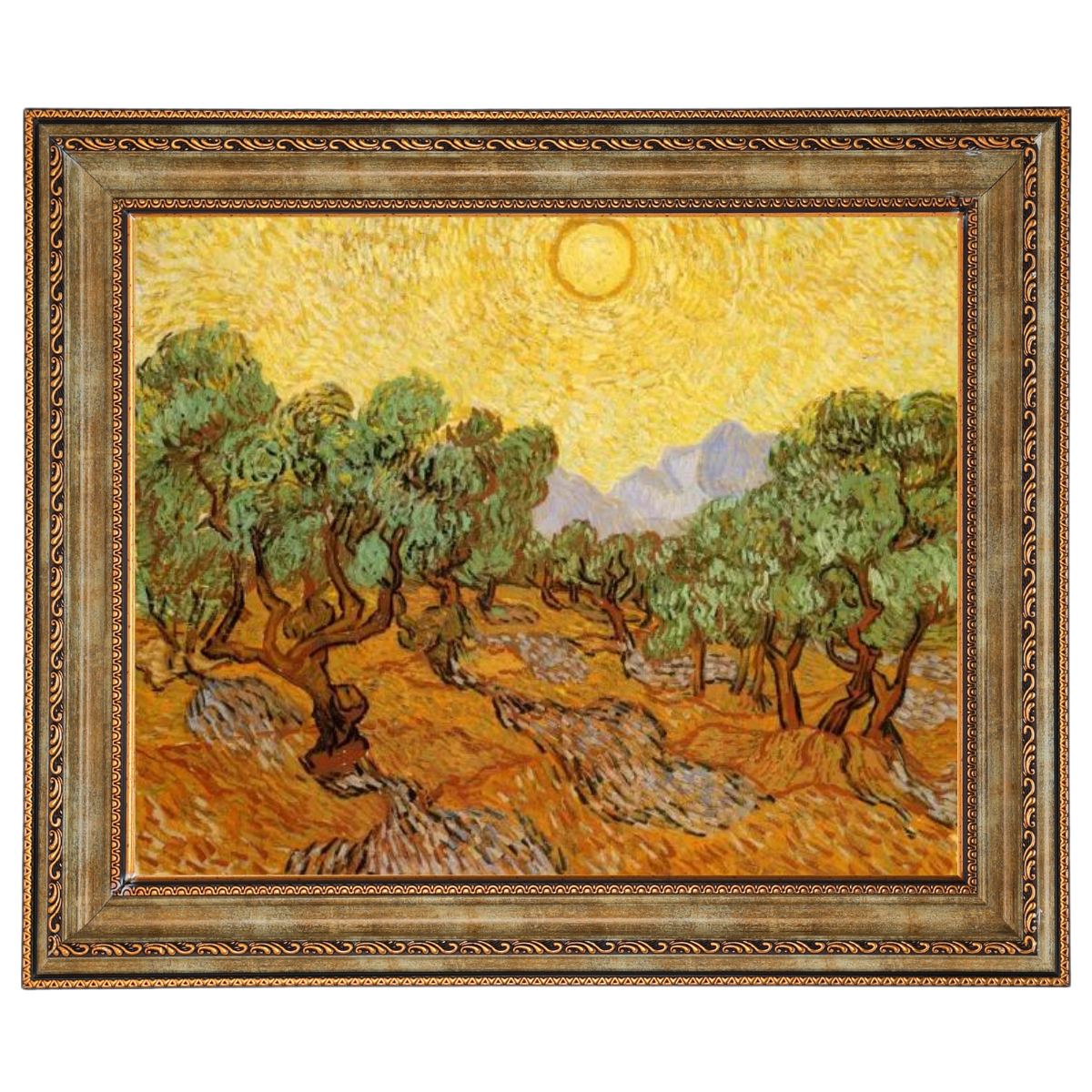 Olive Trees with Yellow Sky and Sun