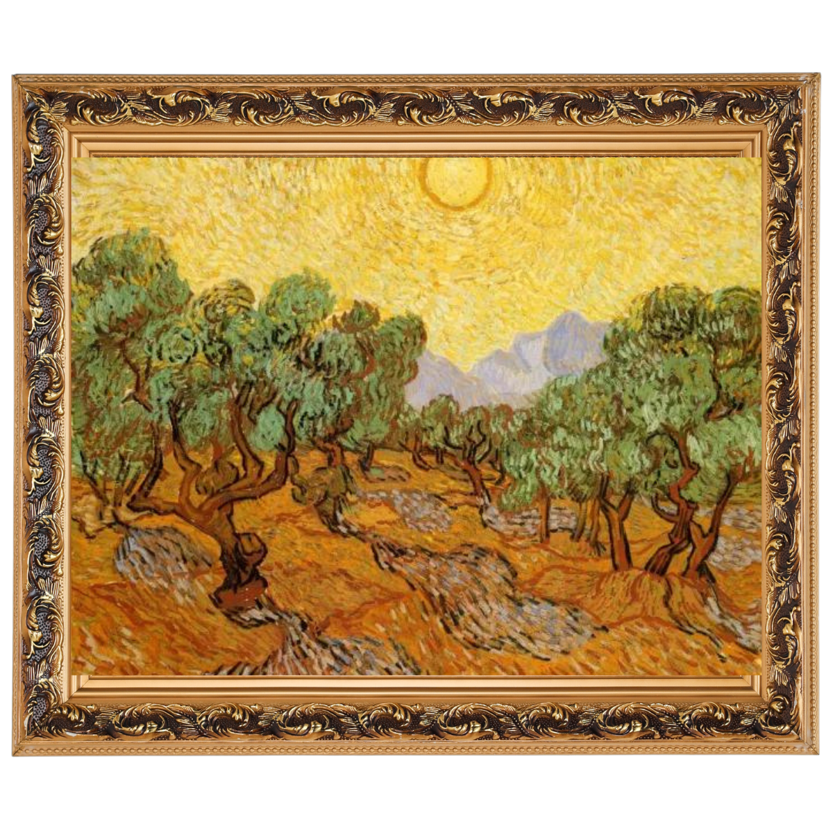 Olive Trees with Yellow Sky and Sun