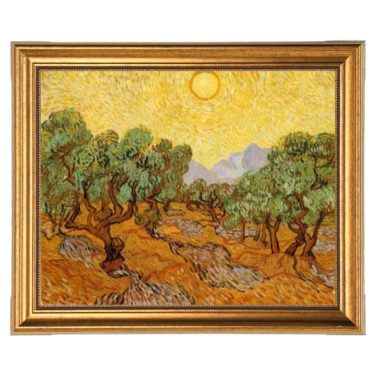 Olive Trees with Yellow Sky and Sun