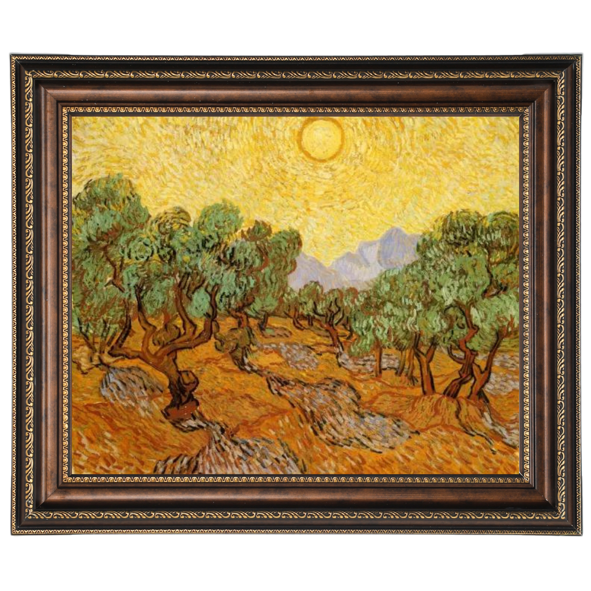 Olive Trees with Yellow Sky and Sun