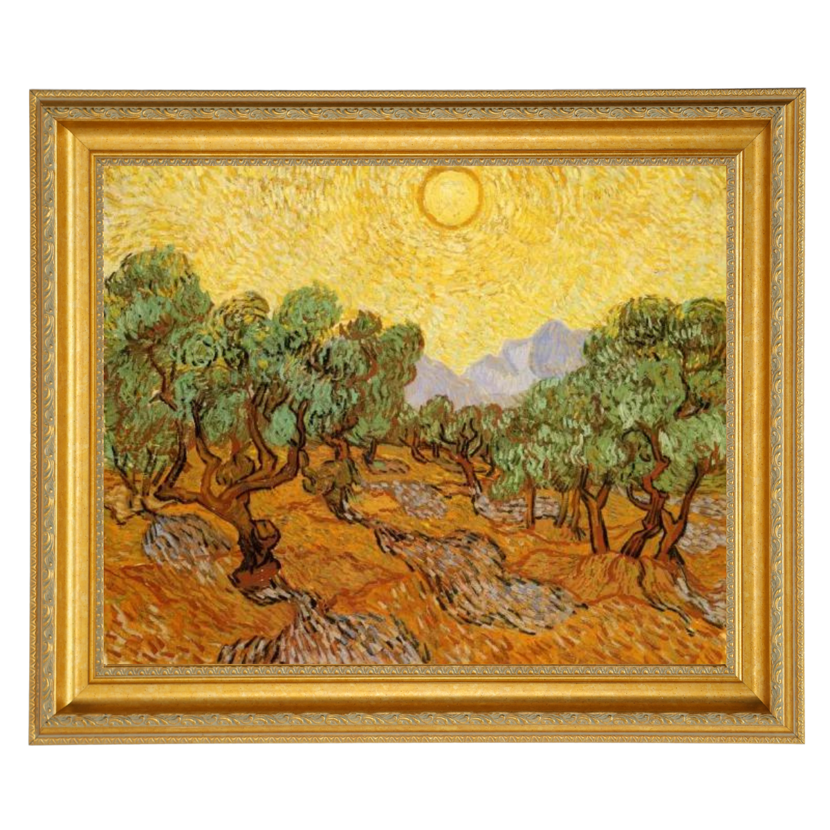 Olive Trees with Yellow Sky and Sun