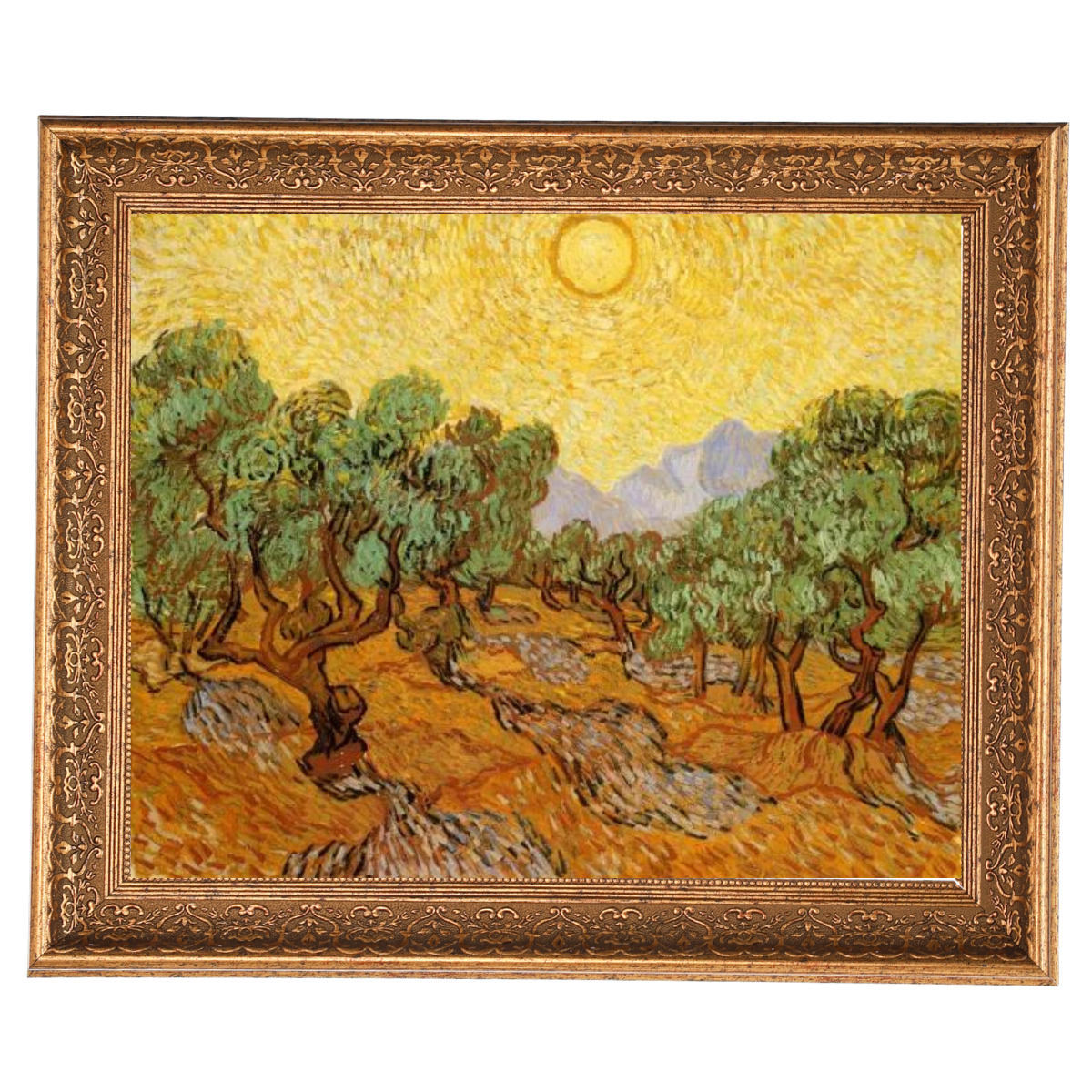 Olive Trees with Yellow Sky and Sun