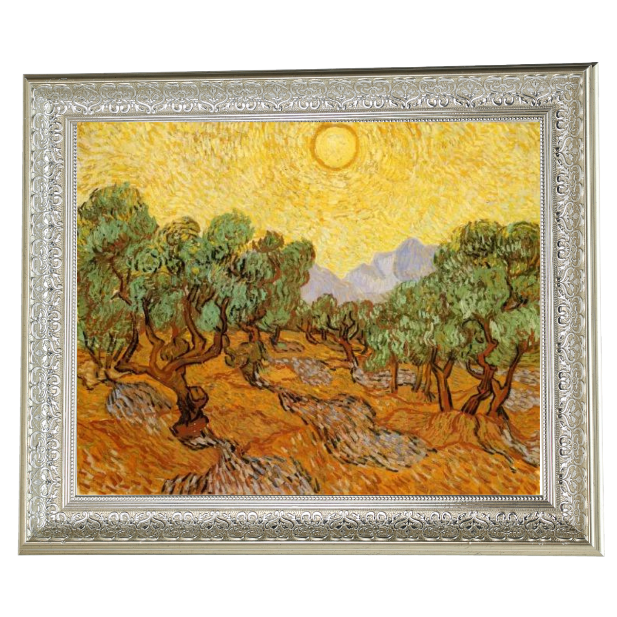 Olive Trees with Yellow Sky and Sun