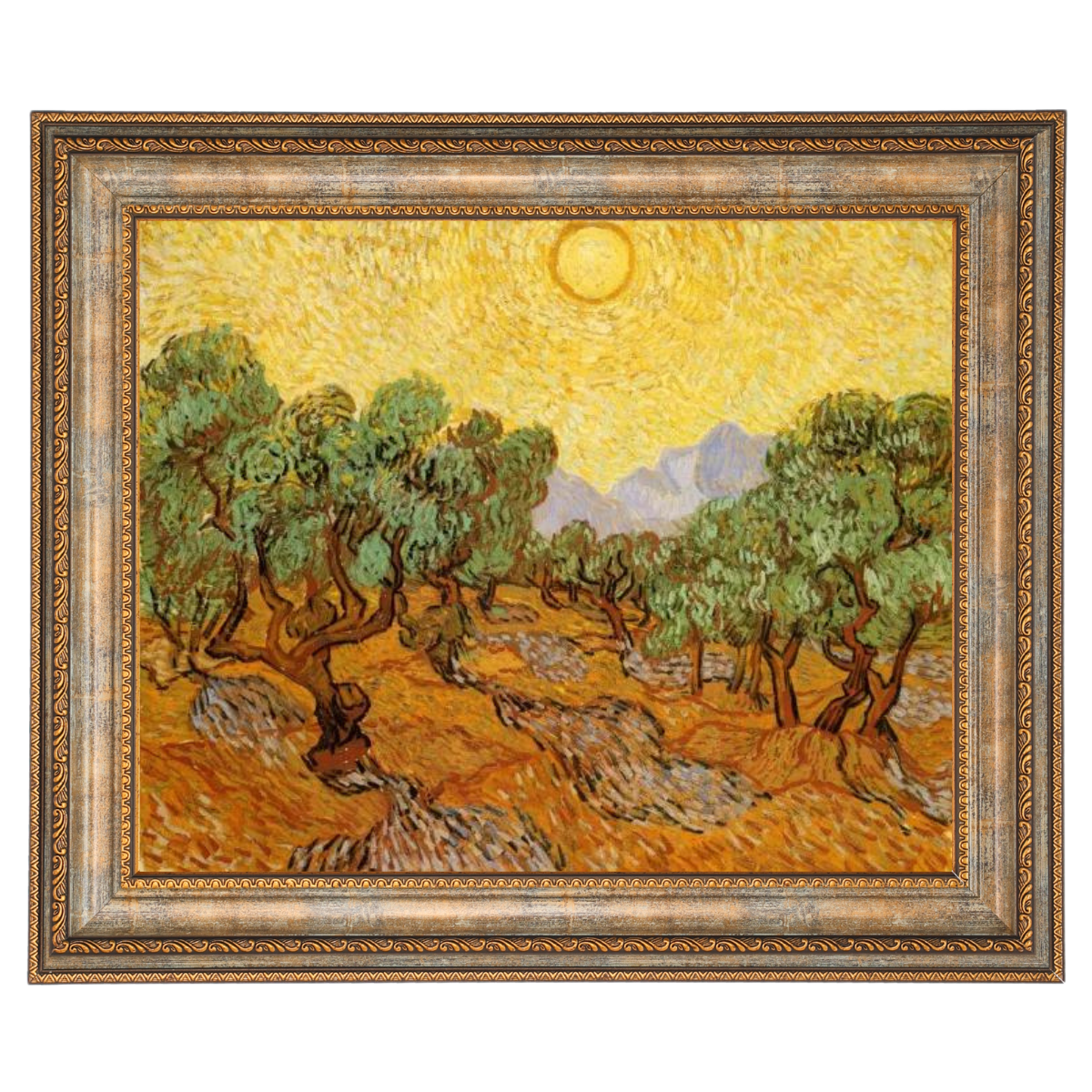 Olive Trees with Yellow Sky and Sun