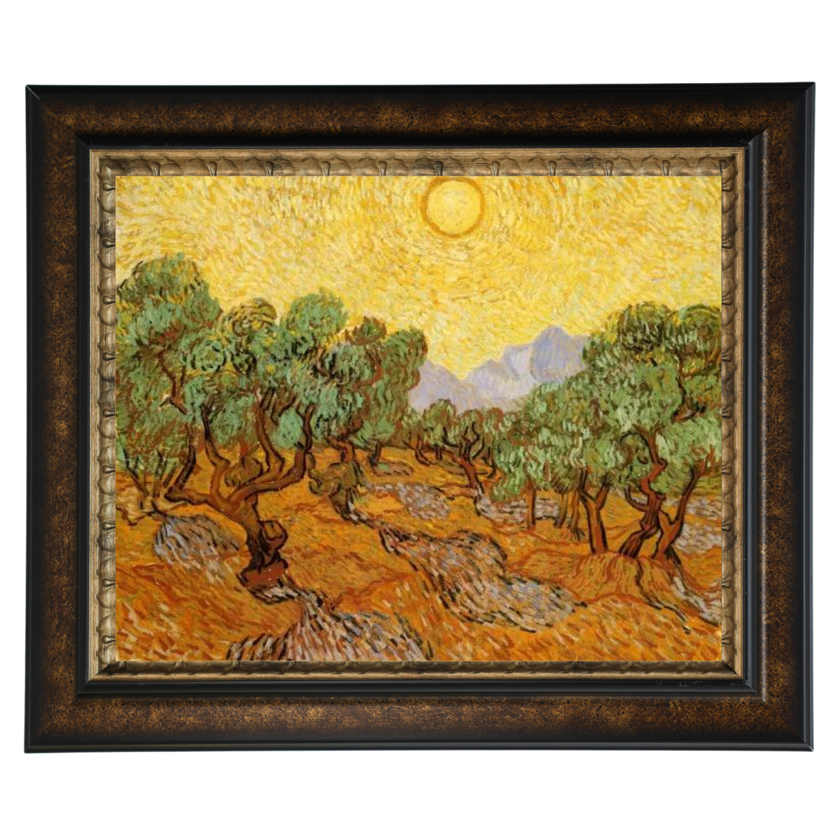 Olive Trees with Yellow Sky and Sun