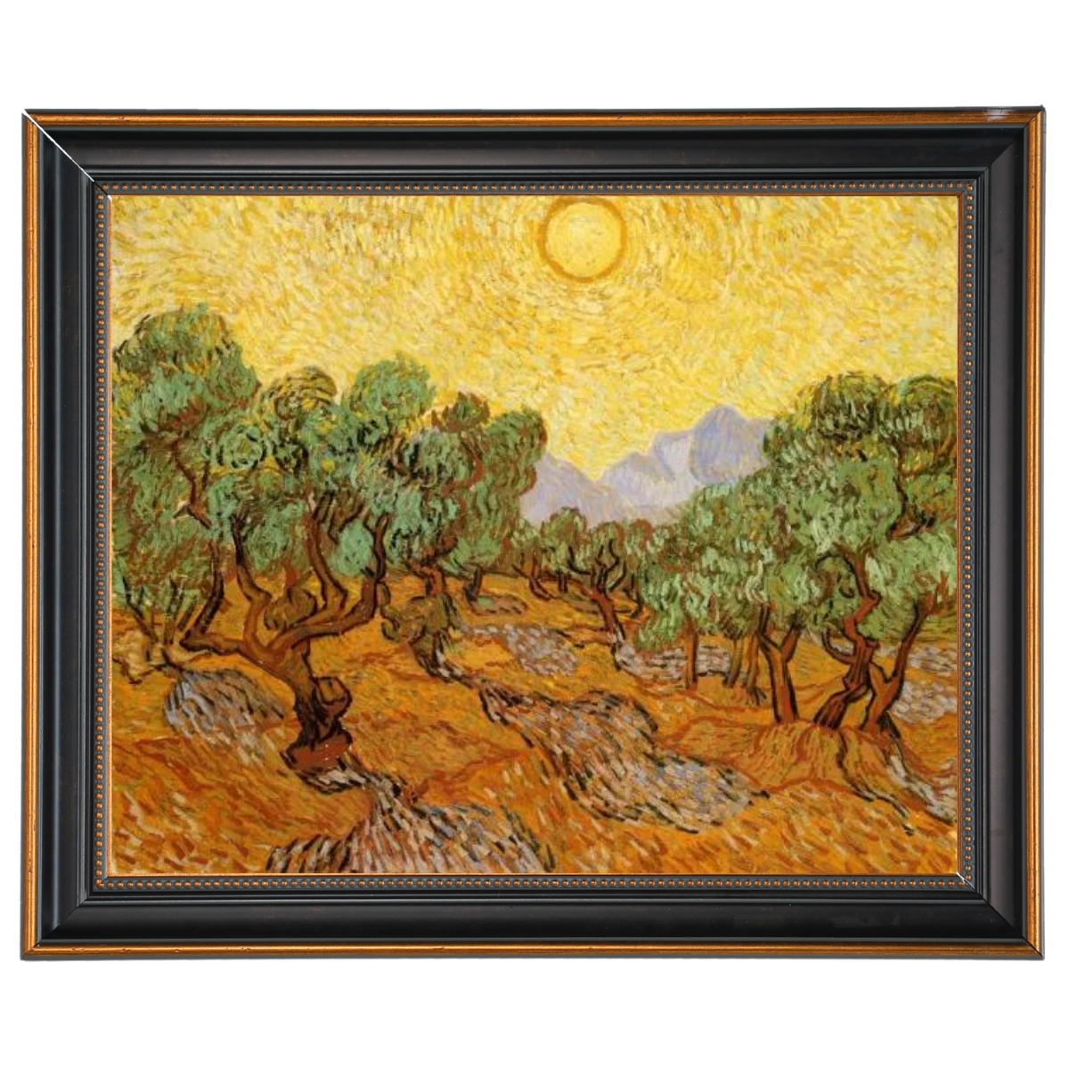 Olive Trees with Yellow Sky and Sun