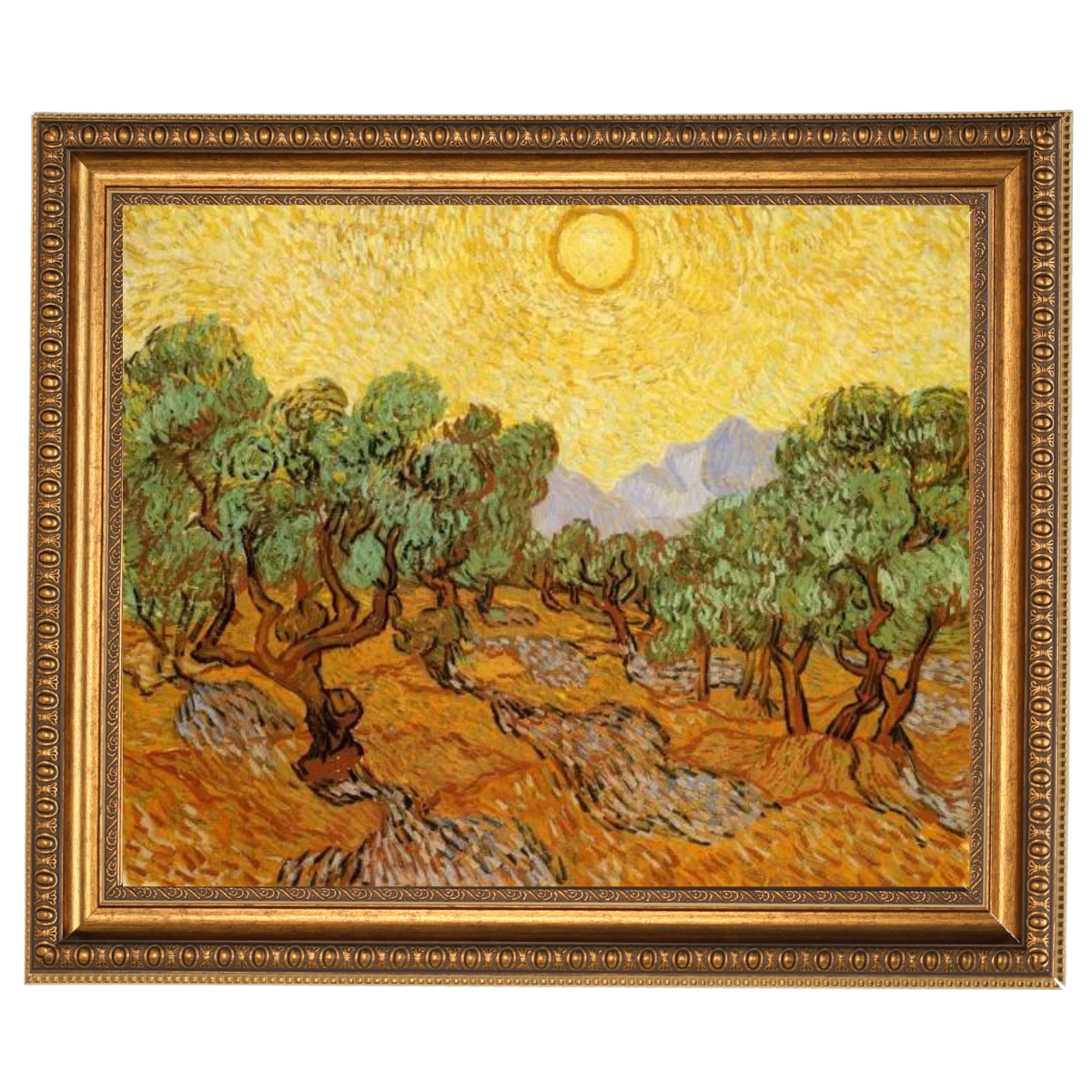 Olive Trees with Yellow Sky and Sun