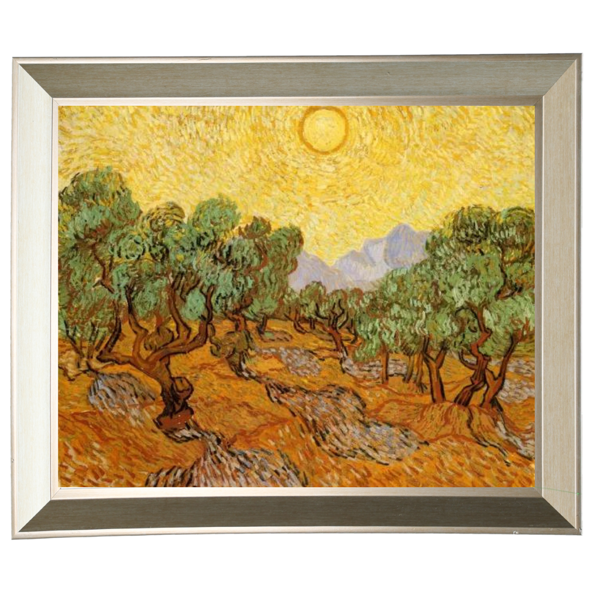 Olive Trees with Yellow Sky and Sun