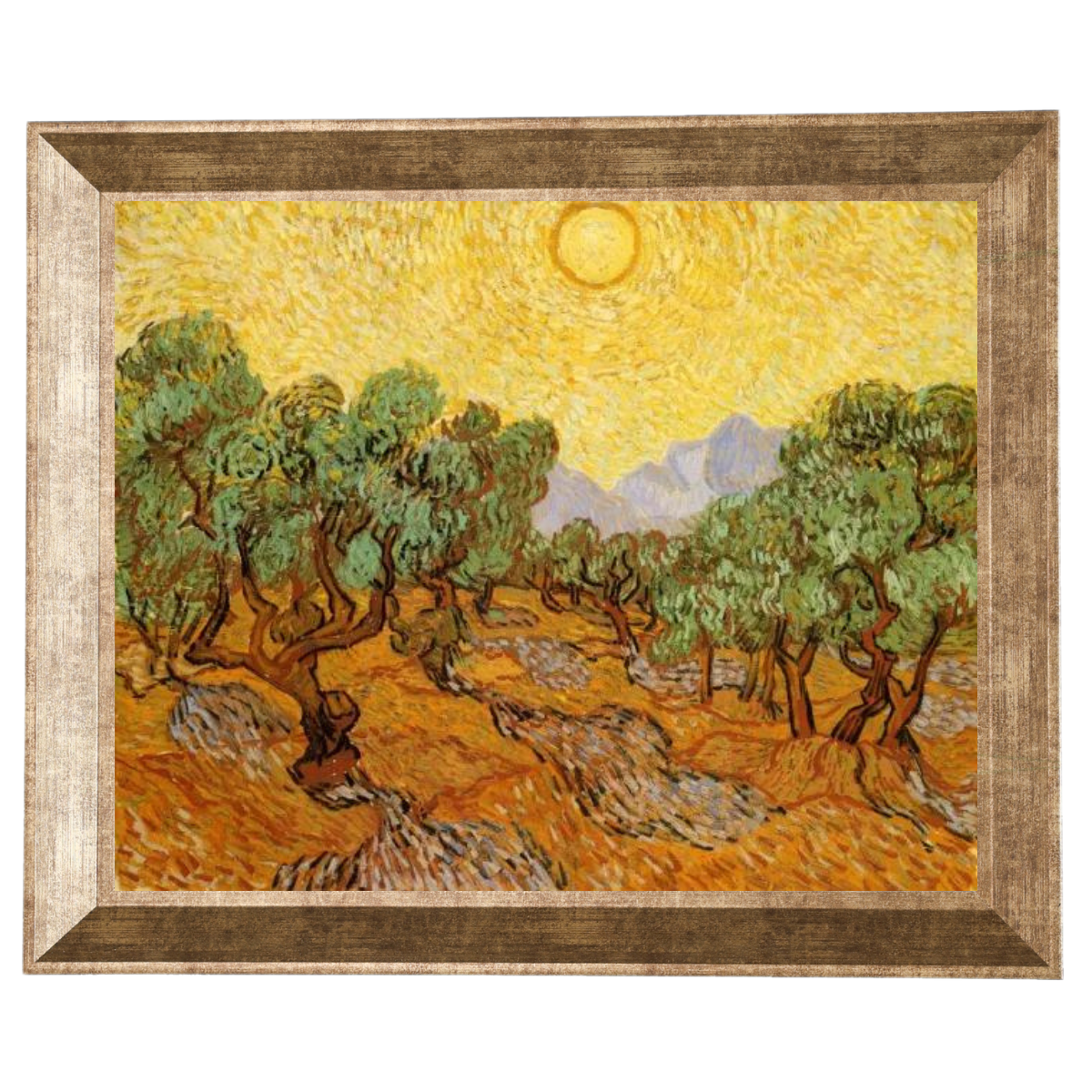 Olive Trees with Yellow Sky and Sun