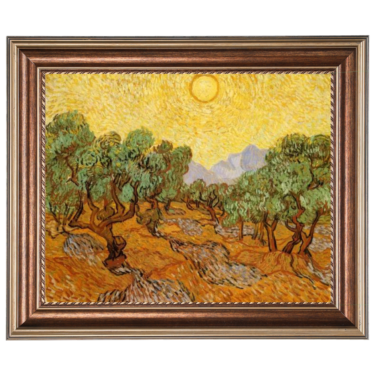 Olive Trees with Yellow Sky and Sun