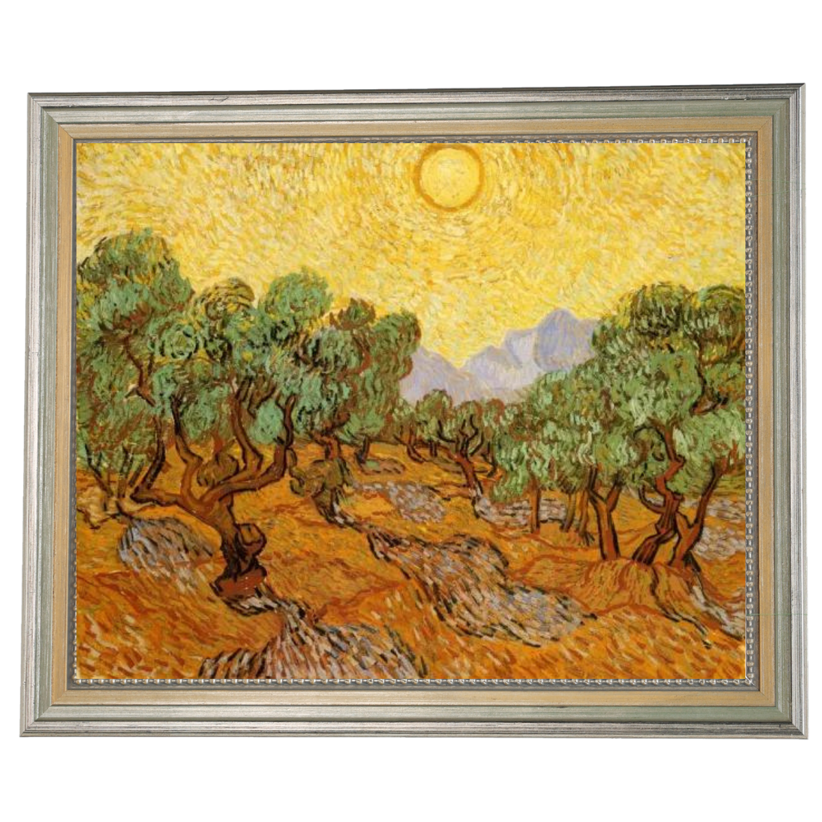 Olive Trees with Yellow Sky and Sun