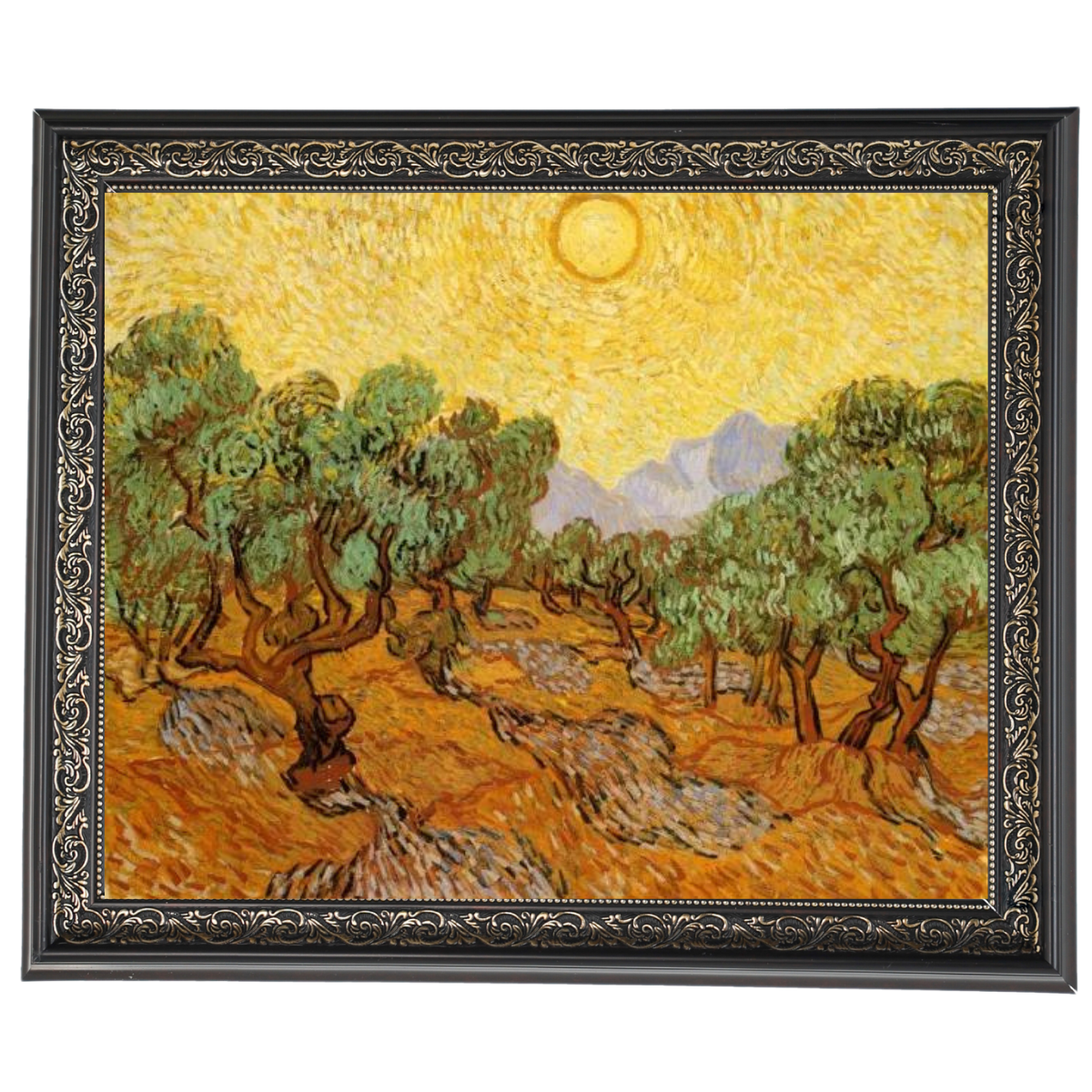 Olive Trees with Yellow Sky and Sun