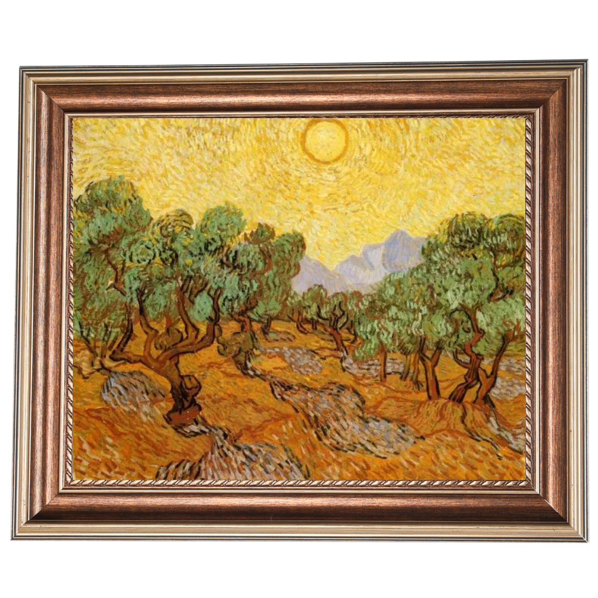 Olive Trees with Yellow Sky and Sun