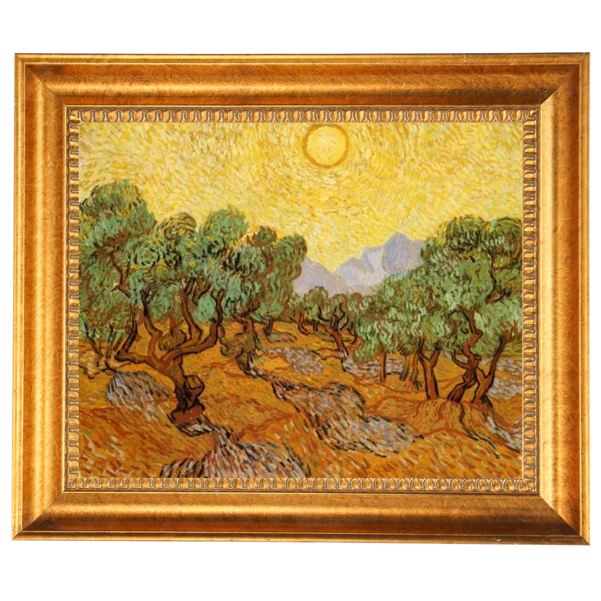 Olive Trees with Yellow Sky and Sun