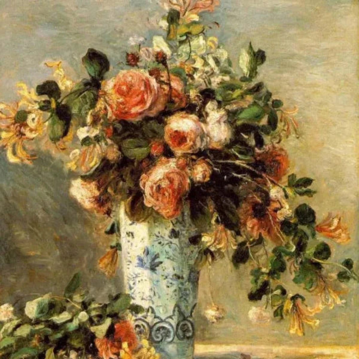 Roses and Jasmine in a Delft Vase