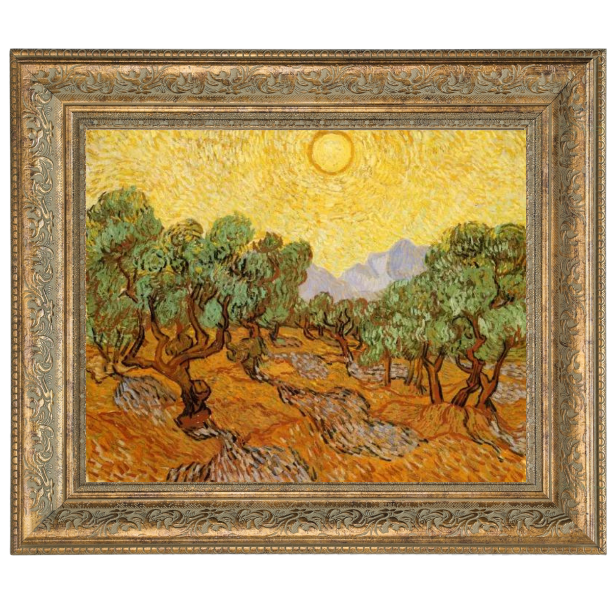 Olive Trees with Yellow Sky and Sun