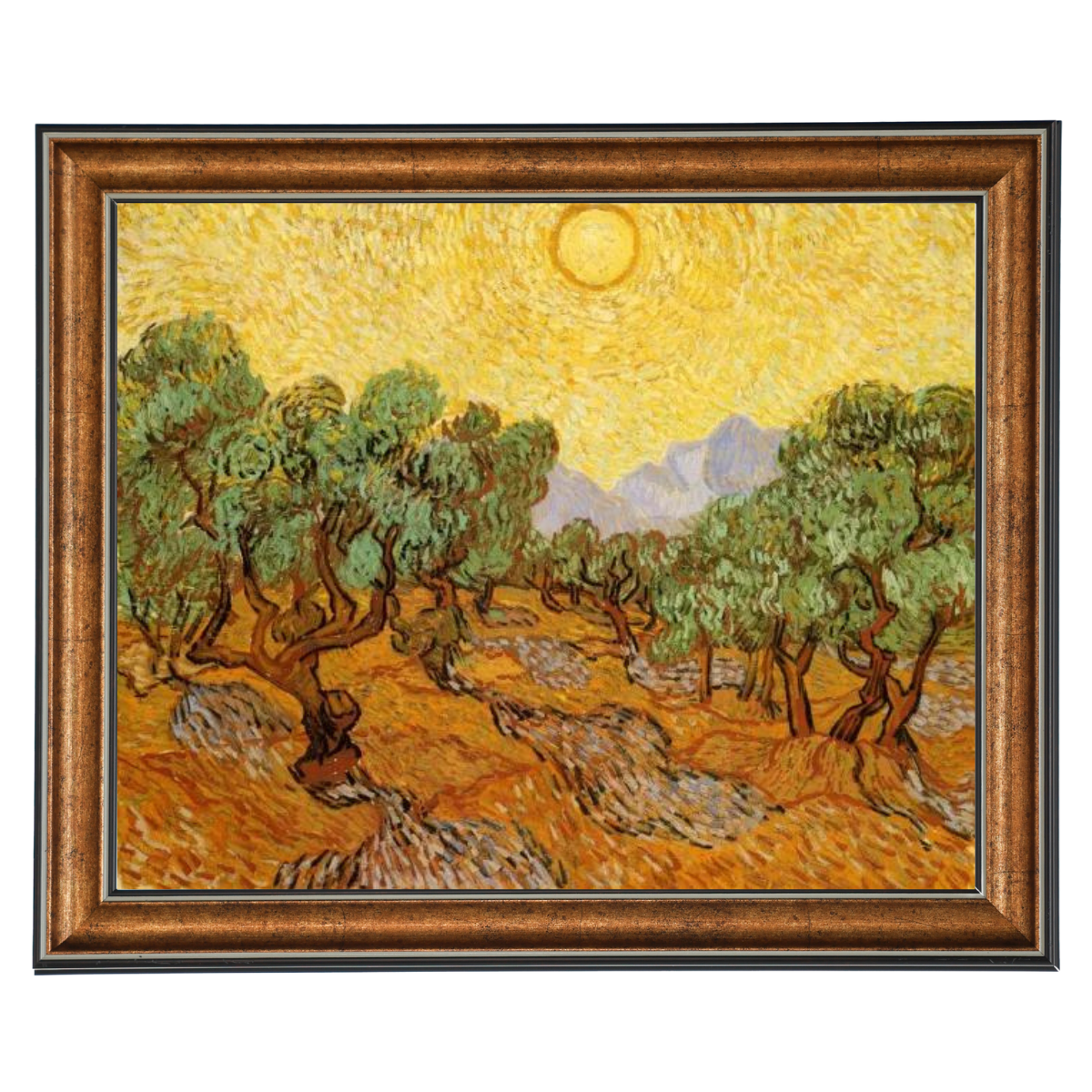 Olive Trees with Yellow Sky and Sun
