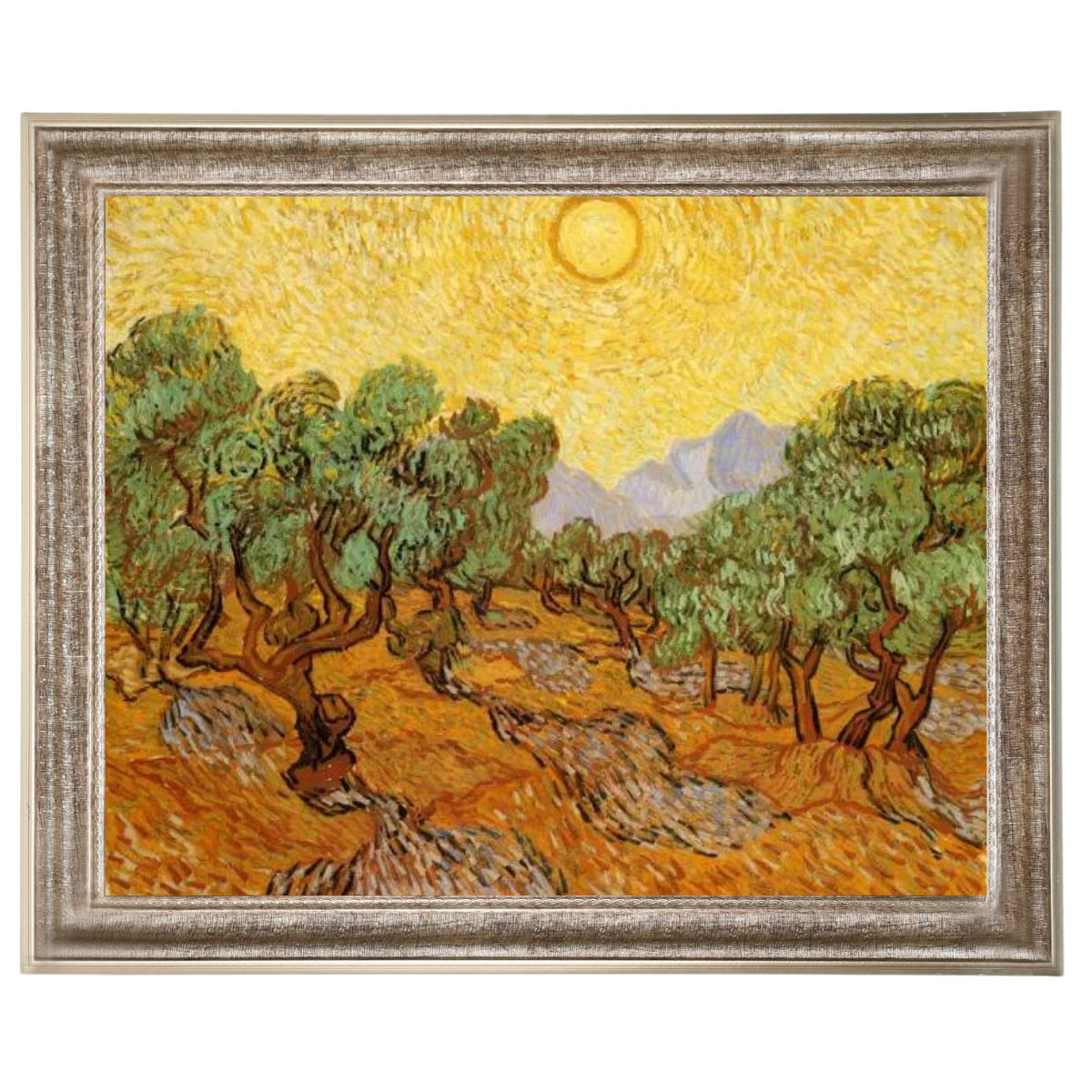 Olive Trees with Yellow Sky and Sun