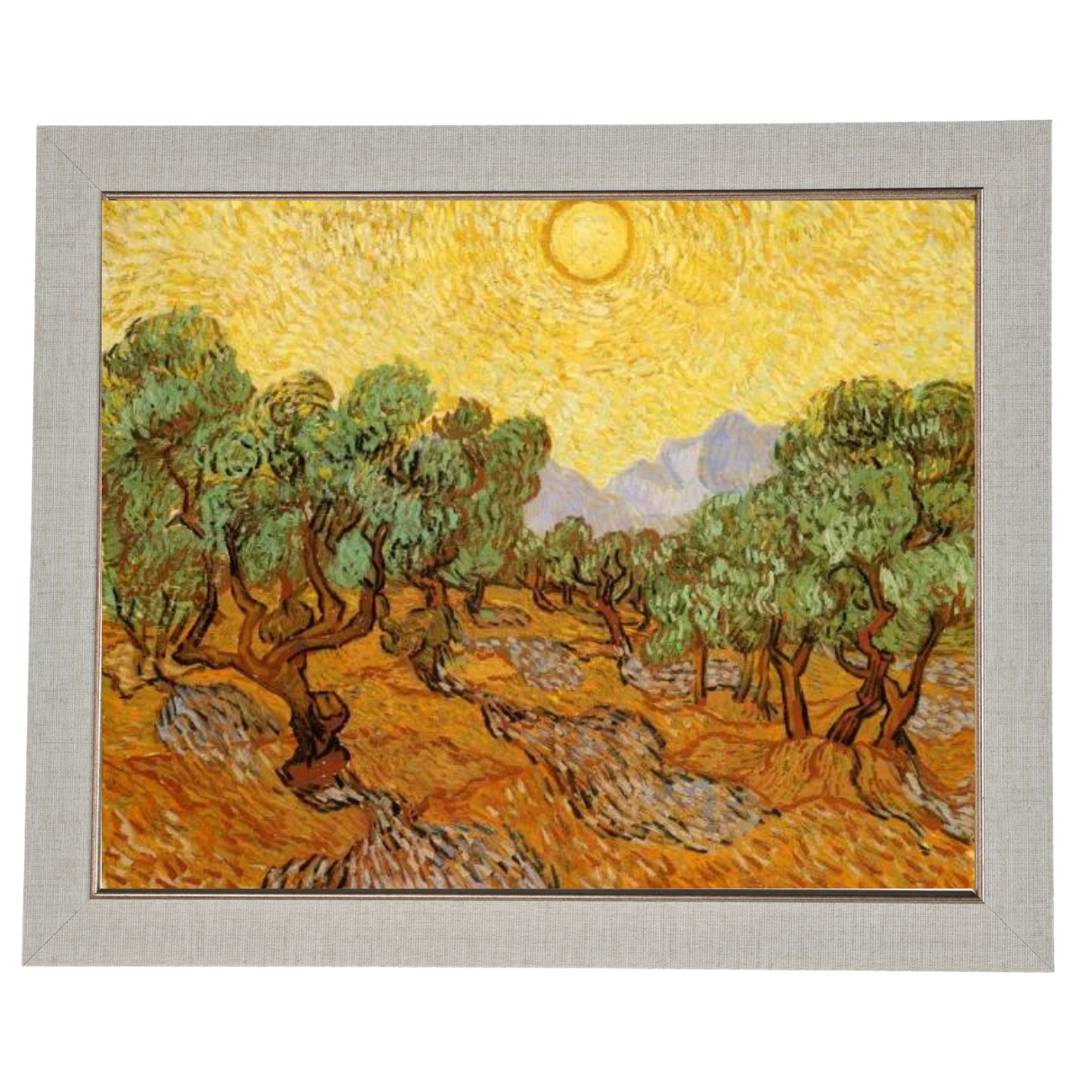 Olive Trees with Yellow Sky and Sun