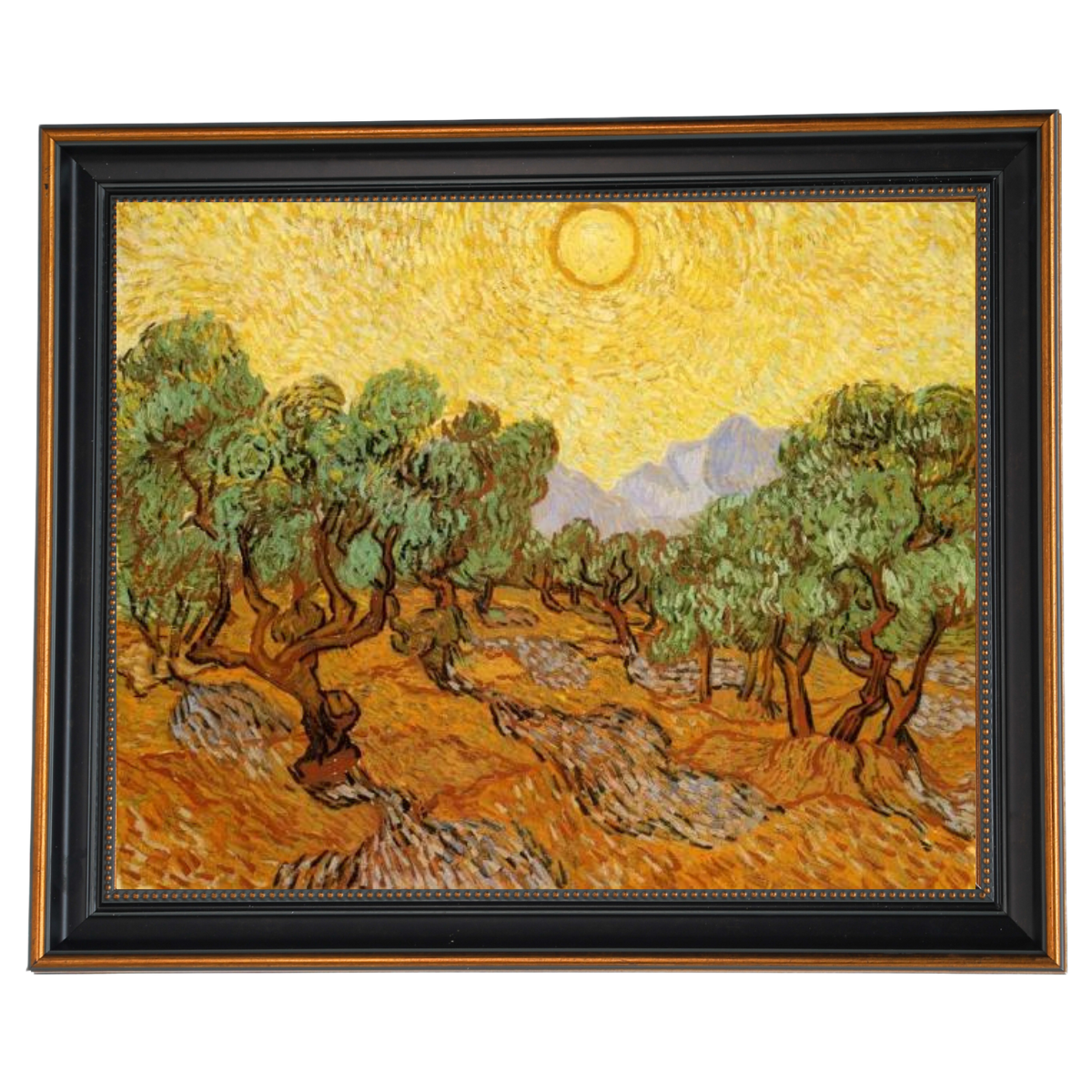 Olive Trees with Yellow Sky and Sun