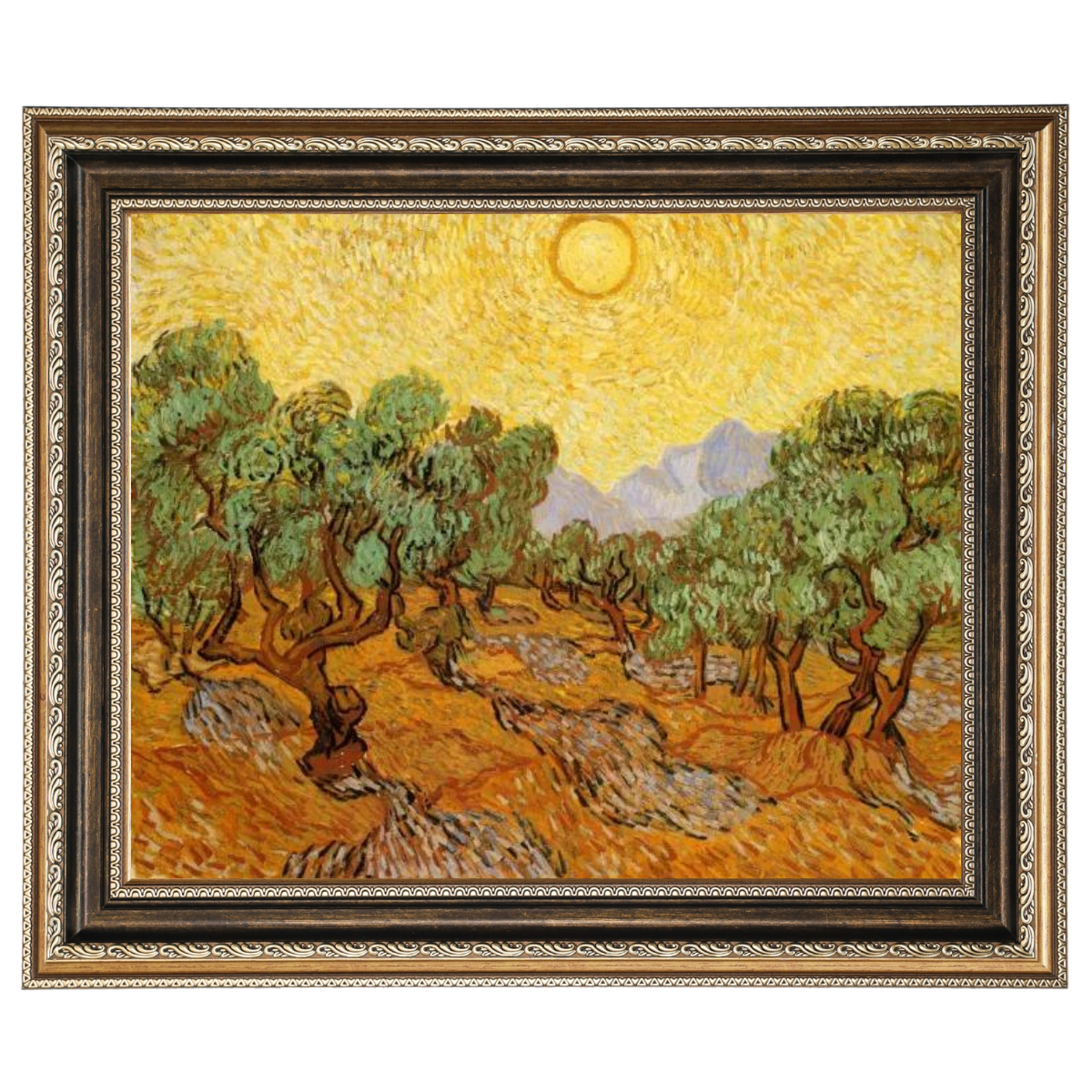 Olive Trees with Yellow Sky and Sun